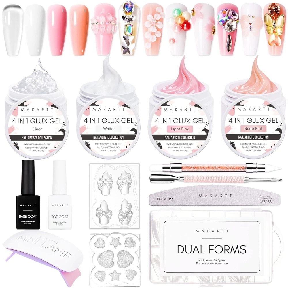image:imageMakartt 3D Gel Nail Art 4 in 1 Clear Solid Gel Builder for Extension UV Nail Glue for Acrylic Nails Rhinestones 3d Sculpting Gels Hard Gels for Nails UVLED Nails Lamp Required 15ML 2 BottlesClearWhiteNude PinkLight Pink Kit