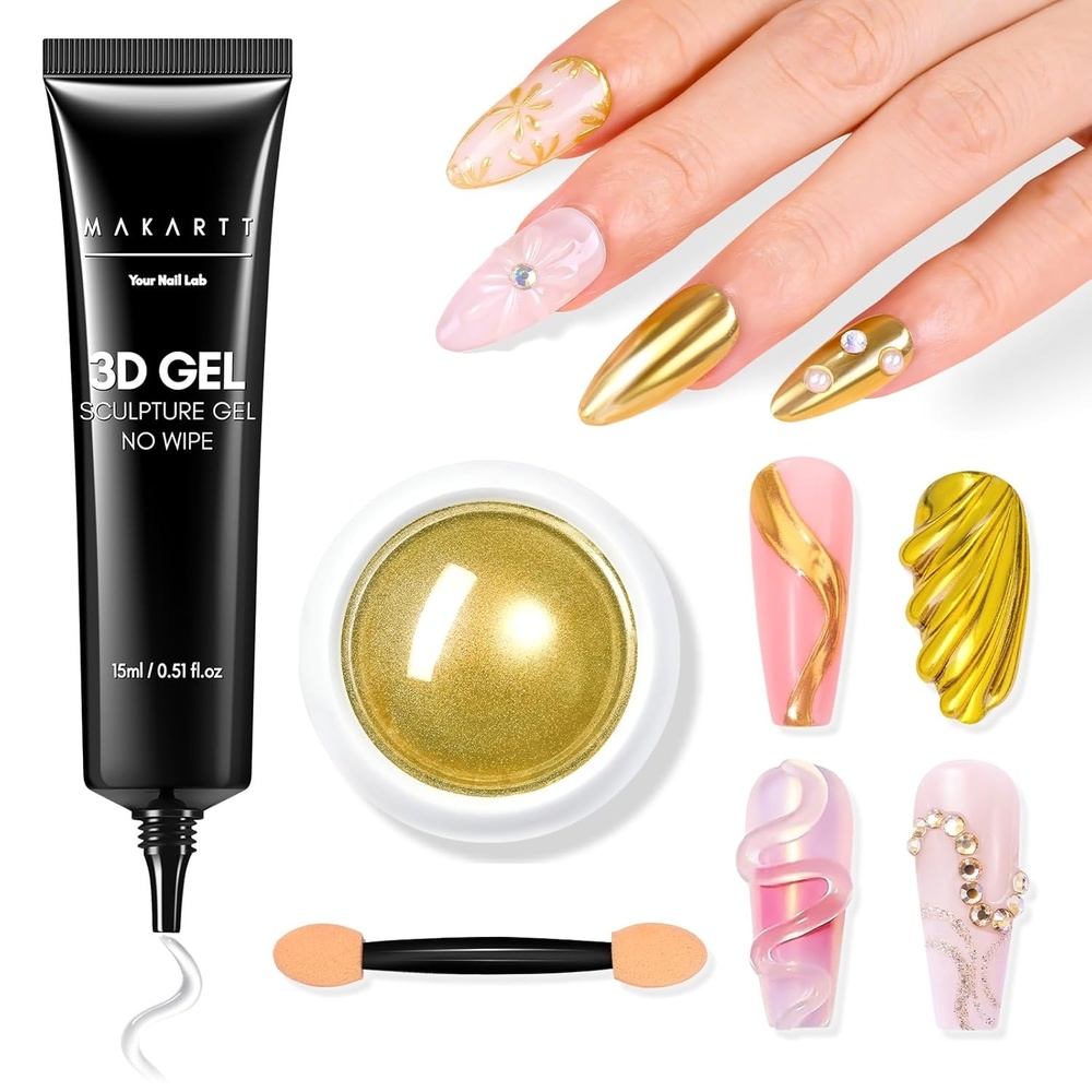 image:imageMakartt 3D Gel Nail Art Sculpting Gel Glue for Drawing Molding Sculpture Gems and Decoration No Wipe Clear Gel Polish for DIY Nail Designs 15gA04Clear 3D Nail Gel Gold Chrome Nail Powder