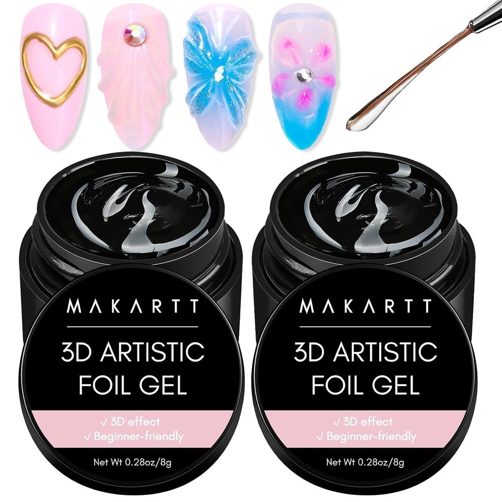 image:imageMakartt 3D Nail Gel 8 ml Nail Foil Glue Transfer Gels Adhesive for Linear Shell Ripple amp Chrome Nail Powder Art Designs UV LED Lamp Required2pcs 8ml 3D Foil Nail Gel
