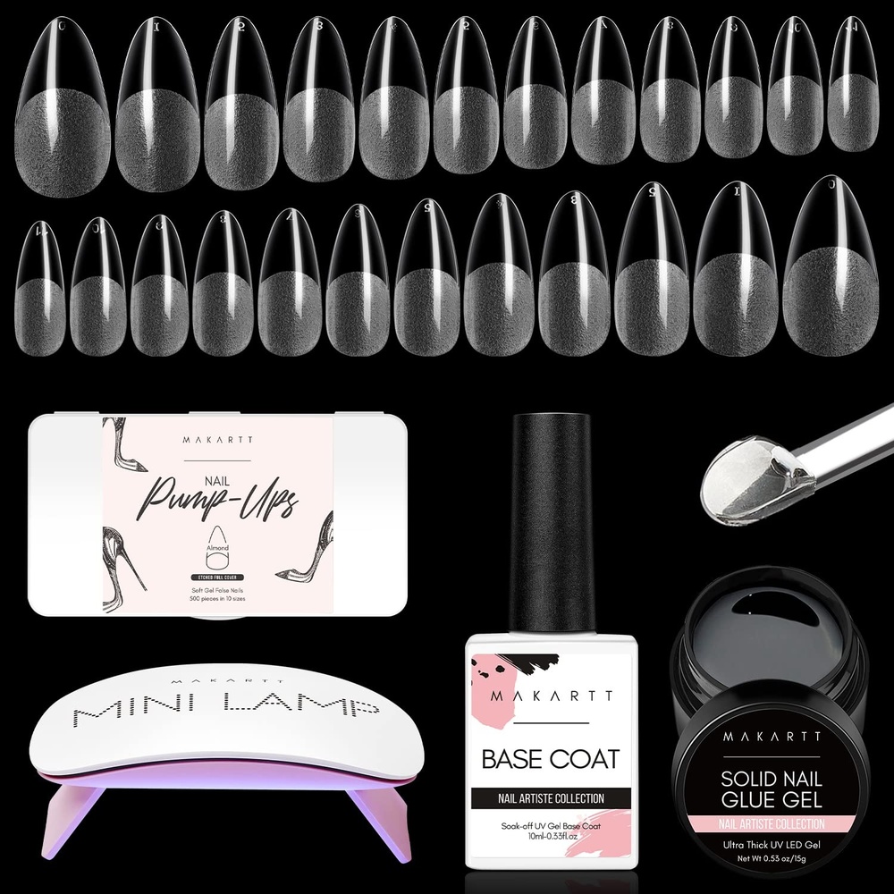 image:imageMakartt Almond Nail Tips 500pcs Medium Prebuffed Full Cover Clear Press on Nails 10 Sizes Soak Off Soft Gel Nail Tips Extension Professional Acrylic Fake Nails No Crease False Nail Salon DIY ArtNail Glue and Tips Kit