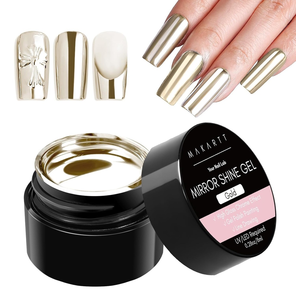 image:imageMakartt Chrome Gel Nail Polish 8ml Metallic Gel Nail Polish Gold 3D Metal Painting Gel for Nail Art Soak off UVLED Glossy Mirror Effect Nail Glue Gel for Home Salon DIY ManicureGold Mirror Shine Gel