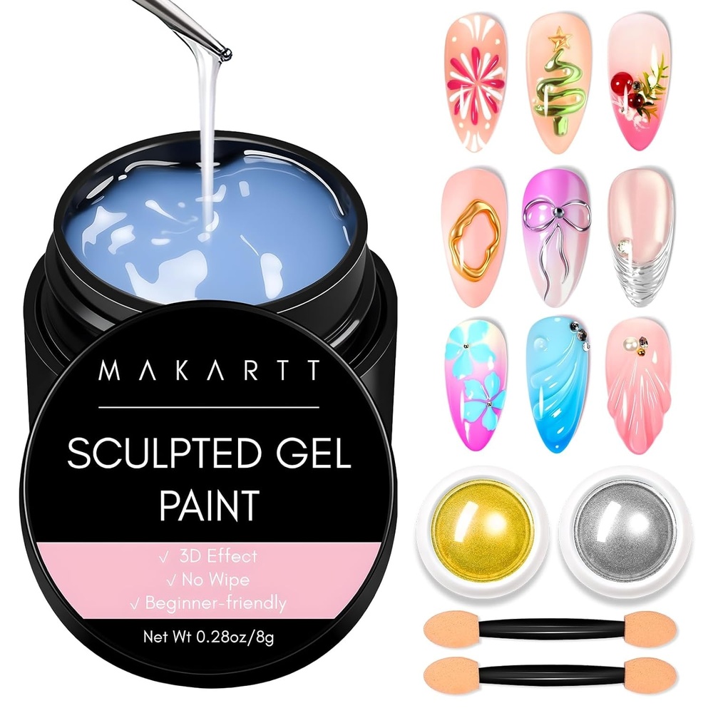 image:imageMakartt Chrome Gel Nail Polish 8ml Metallic Gel Nail Polish Gold 3D Metal Painting Gel for Nail Art Soak off UVLED Glossy Mirror Effect Nail Glue Gel for Home Salon DIY ManicureClear Painting Gel Kit