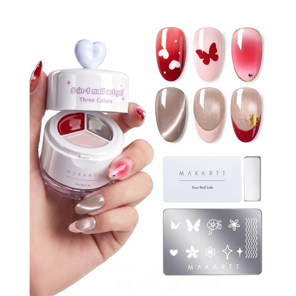 image:imageMakartt ColorPot 5in1 Nail Art Gel 3 Colors Gel Nail Polish No Wipe with Nail Stamp for Stamping Ombre Patting Painting Sculpting amp French Tips with Silicone Head for Manicure Home DIY SalonBerry Ribbon