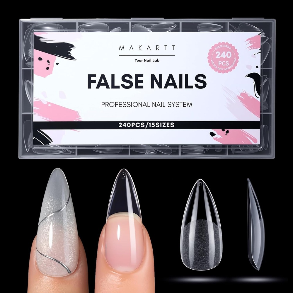 image:imageMakartt Extra Short Almond Nail Tips 240PCS 15 Sizes Half Matte Clear Fake Nails Full Cover Soft Acrylic Press On Nail Extensions Supplies Salon and Home DIY for Flat amp Natural Nail Beds240 PCSMedium Stiletto Almond