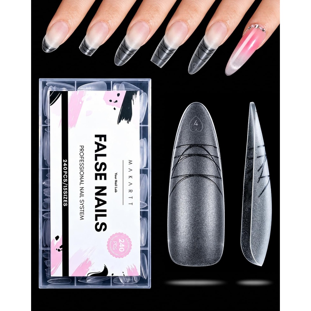 image:imageMakartt Extra Short Almond Nail Tips 240PCS 15 Sizes Half Matte Clear Fake Nails Full Cover Soft Acrylic Press On Nail Extensions Supplies Salon and Home DIY for Flat amp Natural Nail Beds240 PCSLong Almond
