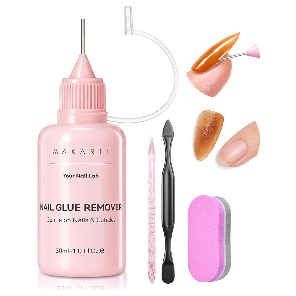 image:imageMakartt Jojoba Oil Nail Glue Remover for Press On Nails AcetoneFree Gentle AtHome Remover for Regular Glue Semi and Solid Glue Gel 30ML Kit with Pusher Stick and Mini BufferHemaFree30ML Nail Glue RemoverPack of 1