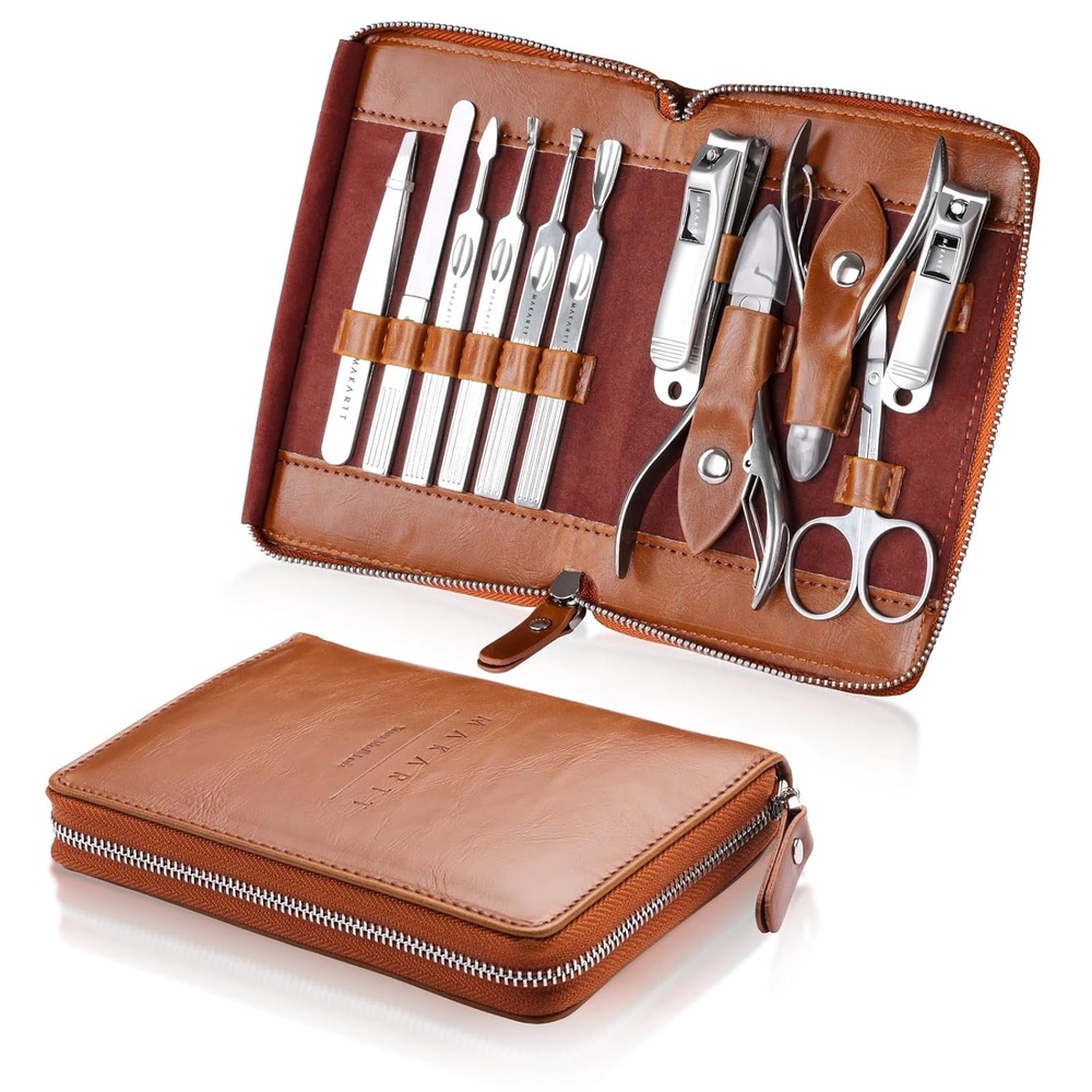 image:imageMakartt Manicure Kit Professional Nail Care Clippers Set 11 pcs Stainless Steel Tavel Women Men Fingernail Grooming Tool with Portable Brown Leather CaseBrown
