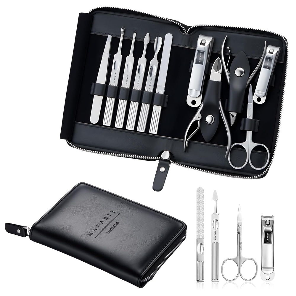image:imageMakartt Manicure Kit Professional Nail Care Clippers Set 11 pcs Stainless Steel Tavel Women Men Fingernail Grooming Tool with Portable Brown Leather CaseBlack