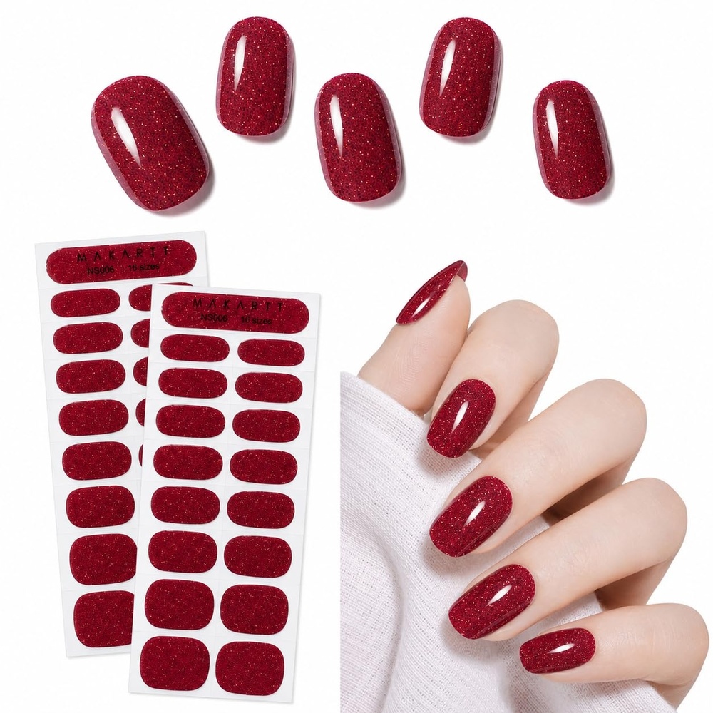 image:imageMakartt Semi Cured Gel Nail Strips Kit 2 Packs  Real Gel HEMA amp TPO Free 16 Sizes AntiLift Fit UV Light Required Salon Quality Long Lasting Includes DualEnded Tool amp Prep Kit Crystal ClearRuby Glitter