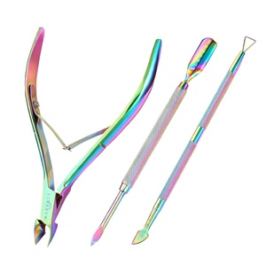 Makartt Cuticle Trimmer with Cuticle Pusher, Silver Nail Trimmer Nail Care Manicure and Pedicure Kit with Stainless Steel Cuticle Nipper and Dual End Nail Pushers for Home Salon Use (Pack of 3 PCS)(Rainbow Titanium-3pcs)