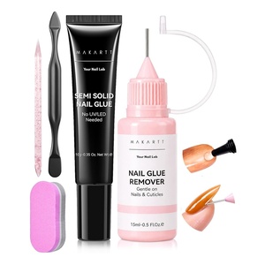 Makartt Jojoba Oil Nail Glue Remover for Press On Nails, Acetone-Free, Gentle At-Home Remover for Regular Glue, Semi and Solid Glue Gel, 30ML Kit with Pusher, Stick and Mini Buffer,Hema-Free(15ML Nail Glue Remover with 10ML Nail Glue)