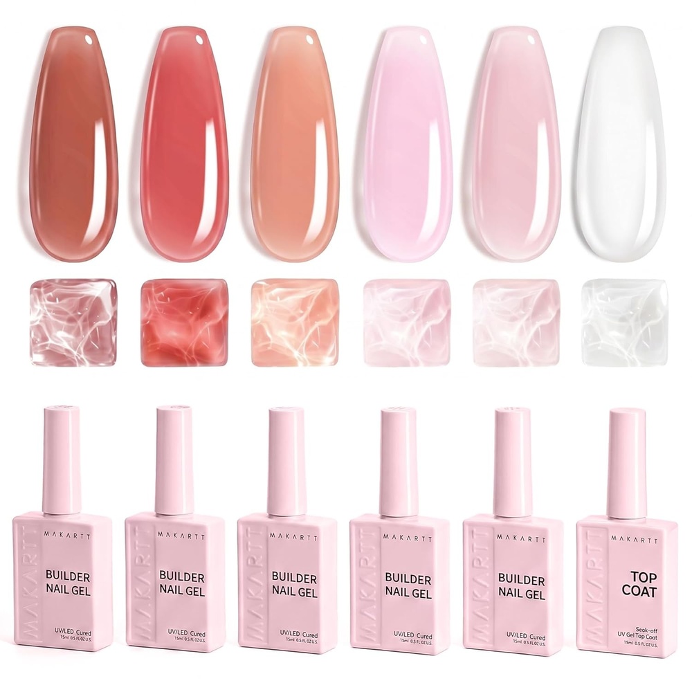 image:imageMakartt 8in1 Nail Builder amp Top Coat Set Glossy Jelly Pink Colors  15ML  Large Capacity for Professional Salon Nail Art DIYer Self Leveling Rubber Base Nail Shape Strengthener Long Lasting ShineNude Pink Gel Poish  Top Coat