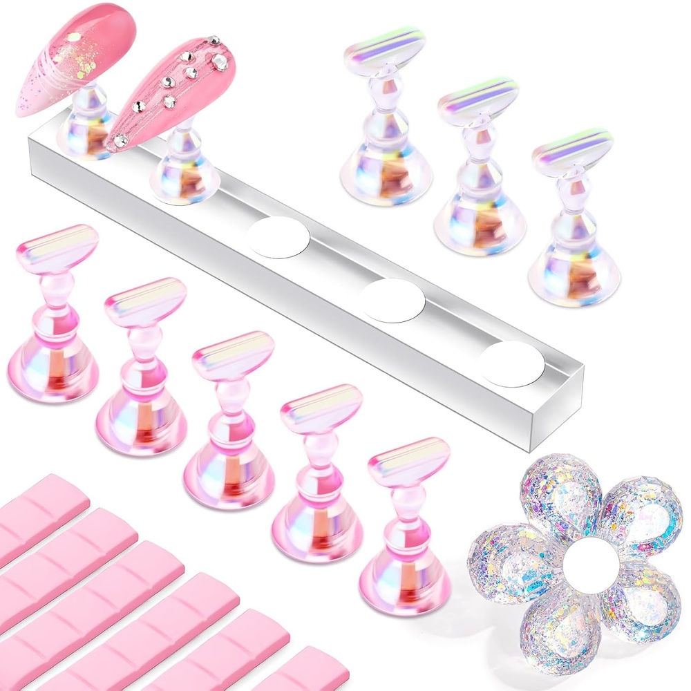 image:imageMakartt Press on Nail Stand for Nail Art Practice and Display  10PCS Strong Magnetic Tip Holders with 2 Clear Bar Bases 1 Cloud Nail Holder amp 200 Adhesive Tabs for Beginners Nail TechPinkClear