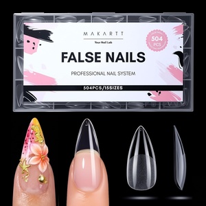 Makartt Short Duck Nail Tips, 504 PCS 15 Sizes with 5.5/6.5/7.5, Clear Full Cover Flare Nails for Press-Ons DIY, PMMA Soft Gel Wide Nail Tips for French 3D Nails Design, Salon Home Manicure Supplies(A-504 PCS-medium sharp-tip-almond)