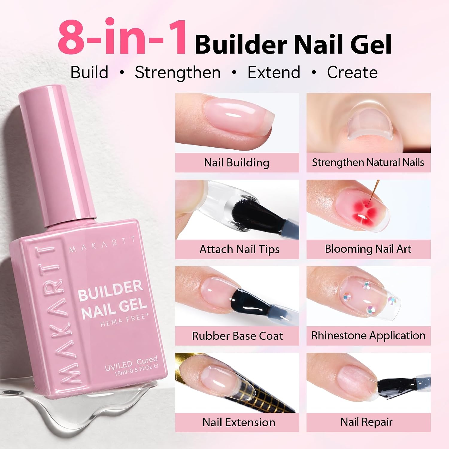 image:imageMakartt 8in1 Gel Builder HEMAFree 15ML Nude Brown UV Lamp Builder Base TPOFree Self Leveling Apex Build Rhinestones Glue Strengthener Repair Salon Home DIY Use LongLasting Low OdorClear 001 HEMAFree