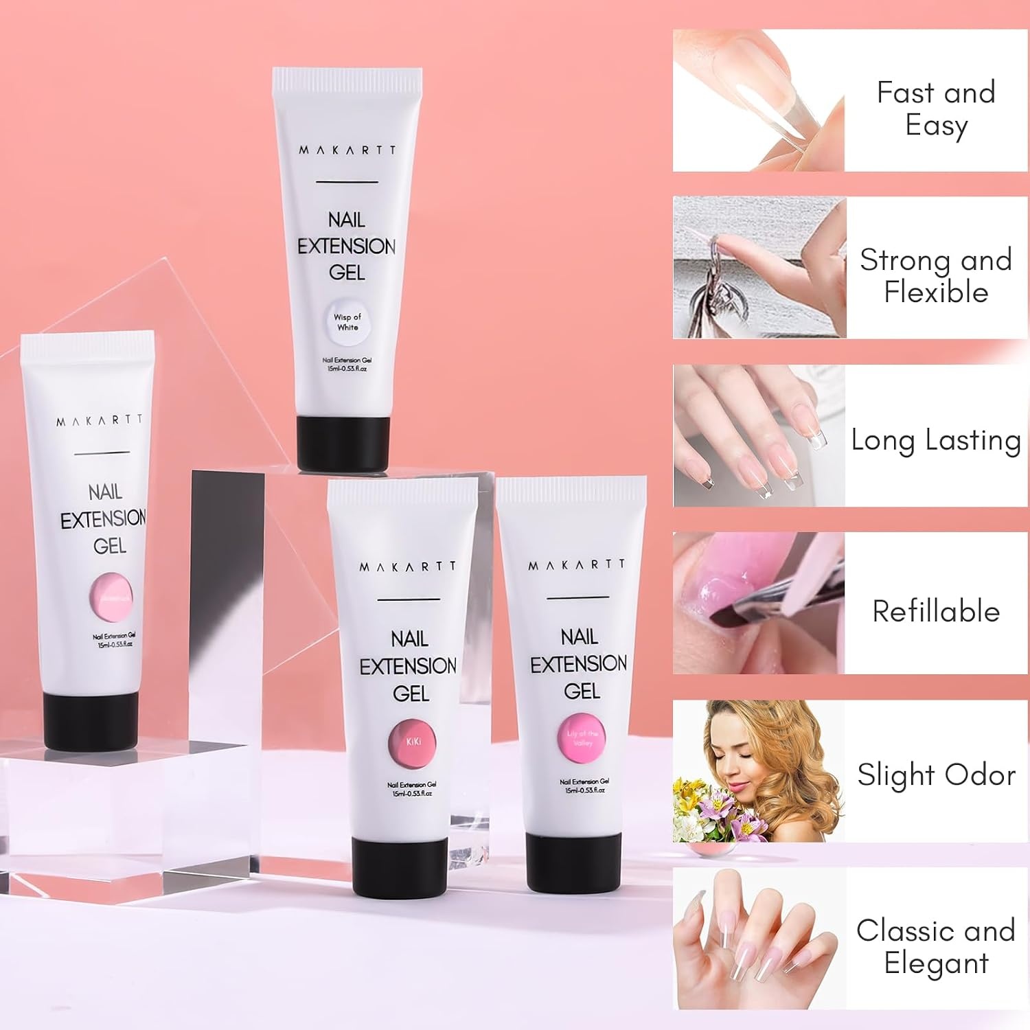 image:imageMakartt Poly Nail Gel Set 4 Colors Strong Builder for Extension Overlay Strengthener 3D Diy Multifunctional Longlasting for Nails French Manicures Home Salon Clear and 3 Pink ShadesClear Pink Colors